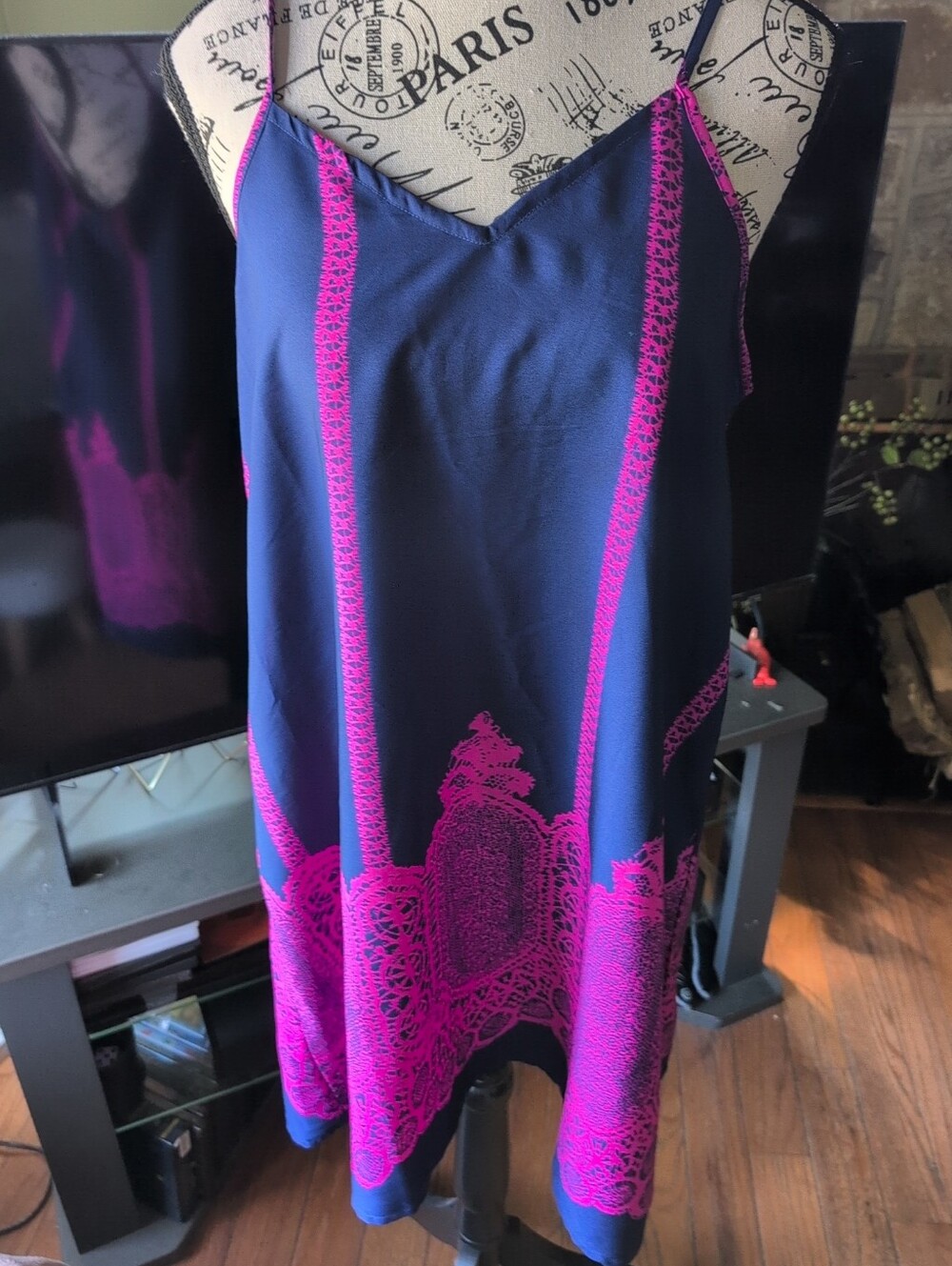 Navy and Fuchsia Women's Slip Dress Size Large
